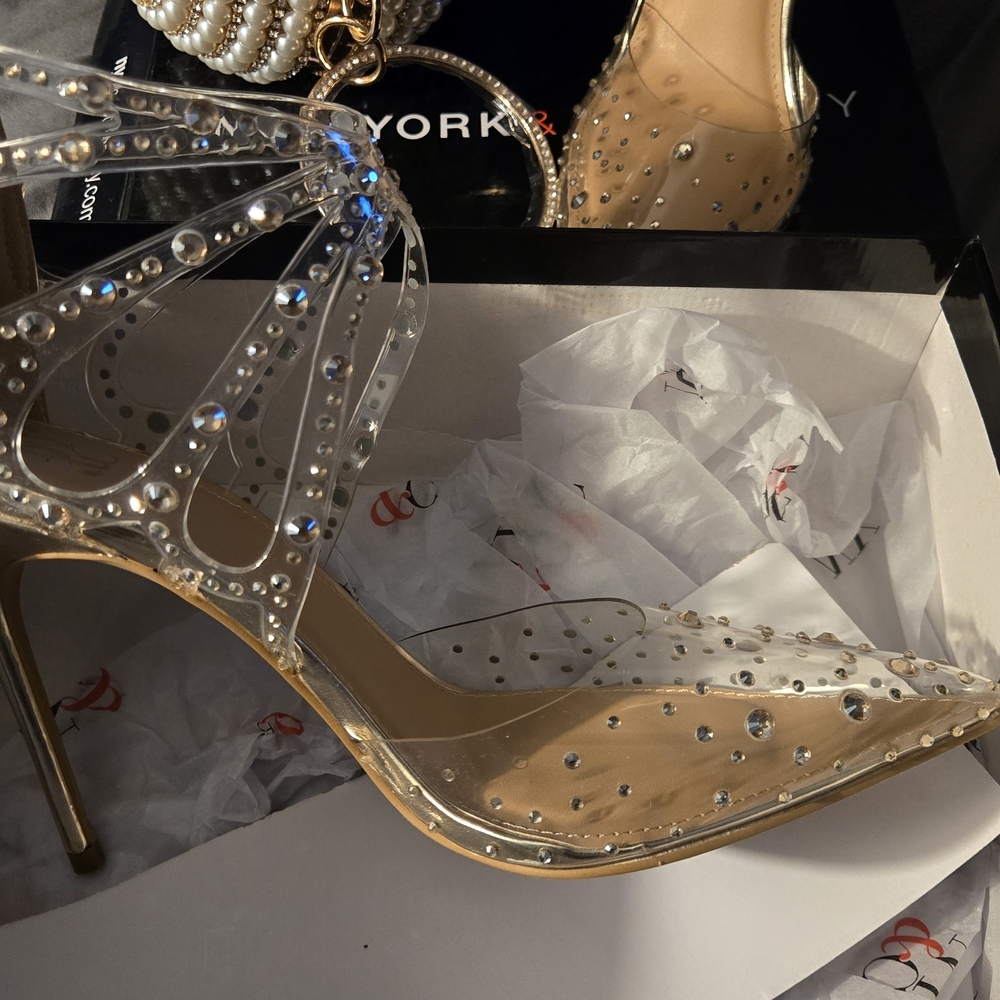 New York & Company Gold and Clear Heels & Ball Purse